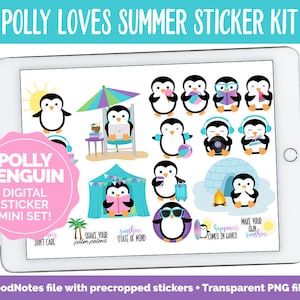 May include: A digital sticker set featuring a cartoon penguin in various summer-themed poses. The set includes stickers with phrases like "Shake Your Palm Palms", "Sunshine State of Mind", and "Happiness Comes in Waves".