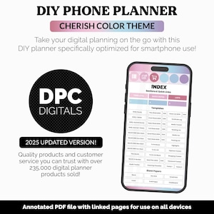 Op de afbeelding: Een digitale telefoonplanner met een roze, blauwe en witte kleurenthema. De planner is ontworpen voor gebruik op een smartphone en bevat secties voor sjablonen, index en lijsten. De tekst "DPC DIGITALS" en "2025 UPDATED VERSION!" is zichtbaar op de afbeelding.