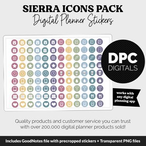 May include: A digital planner sticker pack with over 200,000 digital planner products sold. The pack includes a variety of icons, such as calendars, stars, clocks, phones, water drops, wine glasses, laptops, forks, hearts, and popcorn buckets. The icons are in a variety of colors, including yellow, orange, red, pink, blue, green, and gray. The pack is compatible with any digital planning app.