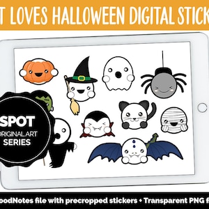 Può includere: Uno schermo di tablet digitale che mostra un set di 10 adesivi digitali a tema Halloween. Gli adesivi presentano vari personaggi, tra cui un fantasma, un vampiro, un ragno, una mummia, un gatto, una zucca, un pipistrello e una strega. Gli adesivi sono in bianco e nero e hanno uno stile cartone animato. Il testo "SPOT ORIGINAL ART SERIES" è visualizzato su un cerchio nero nell'angolo inferiore sinistro dello schermo.