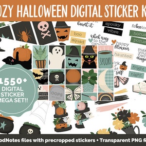 May include: A digital sticker kit with over 1550 Halloween themed stickers. The stickers feature a variety of designs, including ghosts, pumpkins, bats, cats, witches, and more. The stickers are perfect for adding a touch of spooky fun to your planner, journal, or other projects.