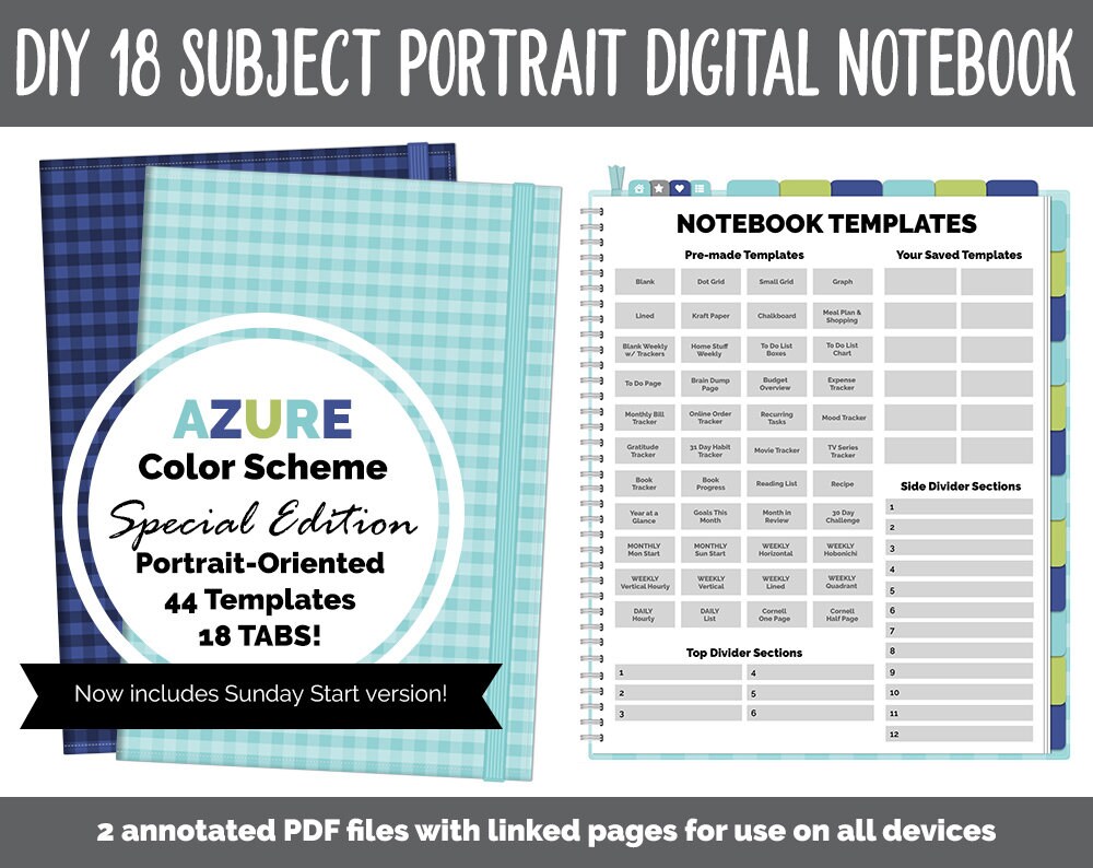 Portrait DIY v2 18 Subject Digital Notebook | Azure Theme | Goodnotes…