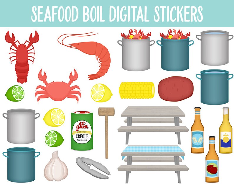 Pu&ograve; includere: Un set di adesivi digitali con illustrazioni di ingredienti per una bollitura di frutti di mare, tra cui gamberi di fiume, gamberi, granchio, mais sul pannocchia, patate, limoni, lime, aglio, uno schiaccianoci per granchi, un martello di legno, una lattina di condimento creolo, due tavoli da picnic con una tovaglia a quadri blu e bianchi e quattro bottiglie di birra.