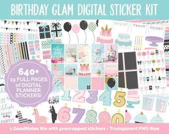 Birthday Glam Digital Stickers | GoodNotes & iPad | Happy Birthday, Party, Celebrate, Girly, Mega Set!