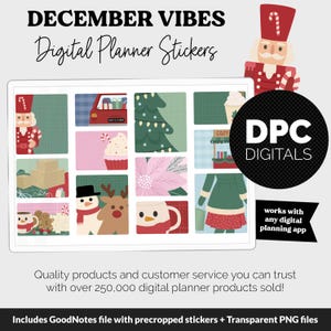 May include: Digital planner stickers with a December holiday theme. The image features a tablet displaying various festive icons, including a nutcracker, Christmas tree, and snowman. The text reads "DECEMBER VIBES" and "Digital Planner Stickers."