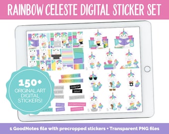 Rainbow Celeste Digital Planner Stickers | iPad & Android | Rainbow Theme | Unicorn, Moods, Kawaii, Activites, Chores