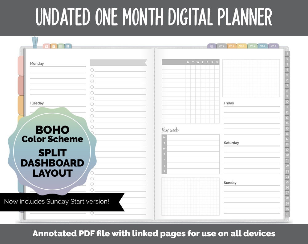 Undated One Month Digital Planner | Boho - Split Dahsboard | GoodNote…
