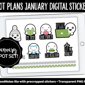 Könnte beinhalten: Digitale Sticker für die GoodNotes-App mit niedlichen Comicfiguren und Botschaften zum Thema Januar wie "Just Get It Done!" und "Let Me Adult?"