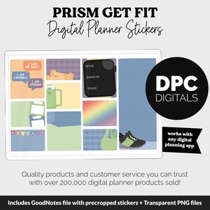 May include: Digital planner stickers with a fitness theme. The image includes motivational quotes, workout equipment, and a smartwatch graphic. The stickers are designed to be used with any digital planning app. The text on the image says "PRISM GET FIT Digital Planner Stickers."