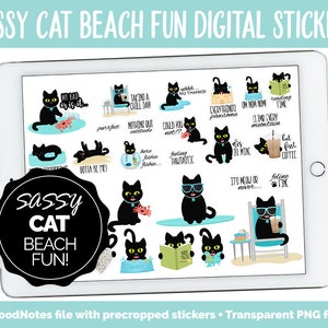 Puede incluir: Un conjunto de pegatinas digitales que presenta un gato negro en varias poses con temática de playa. Las pegatinas incluyen frases como "My bad or is it...", "Taking a chill day", "Nothing but catitude", "Could you not??", "Feeling fantastic", "Dis is mine", "It's meow or never...", "Feline fine", y "Gotta be me!" Las pegatinas están diseñadas para usar en planificadores y notas digitales.