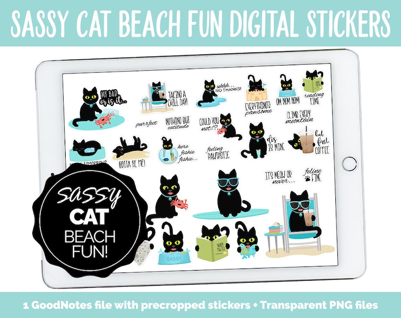 Sassy Cat's Beach Fun Digital Stickers GoodNotes, iPad and Android Ocean, Funny, Feline image 1