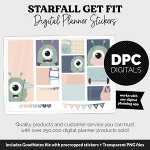 May include: Digital planner stickers with a fitness theme. The stickers feature cute green monster characters, workout equipment, and motivational phrases. The stickers are designed to be used with any digital planning app.