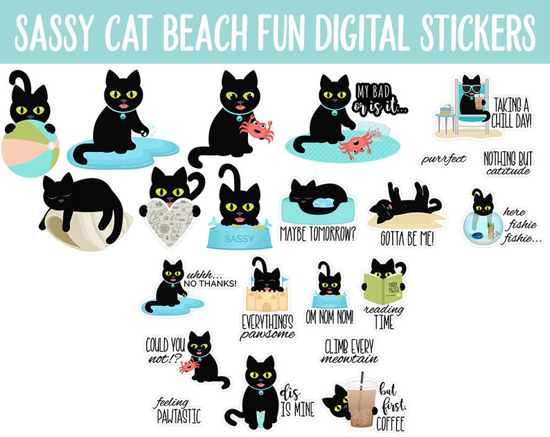 Sassy Cat's Beach Fun Digital Stickers GoodNotes, iPad and Android Ocean, Funny, Feline image 3