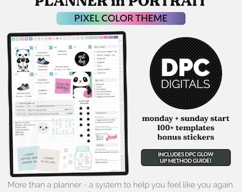 May include: Digital planner in portrait orientation with a pixel color theme. The planner includes templates, stickers, and a method guide. Features include a panda graphic, a jar with stars, and the text "Tough Girl Energy."