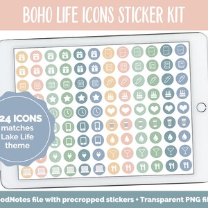 May include: A digital tablet screen displaying 324 icons in a grid pattern. The icons are white and are set against a background of pastel colored circles. The icons include a calendar, a star, a clock, a phone, a power cord, a laptop, a fork and knife, a glass of wine, a drop of water, and a coffee cup. The text "324 ICONS" is displayed in a blue circle with white text. The text "matches Lake Life theme" is displayed below the number of icons. The text "GoodNotes file with precropped stickers - Transparent PNG files" is displayed below the tablet.