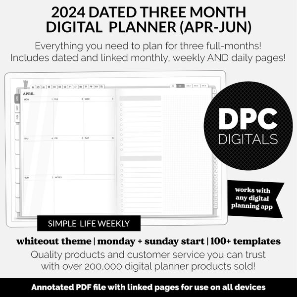 2024 Dated Three Month Digital Planner | April - June | Whiteout - Simple Life | GoodNotes, iPad & Android