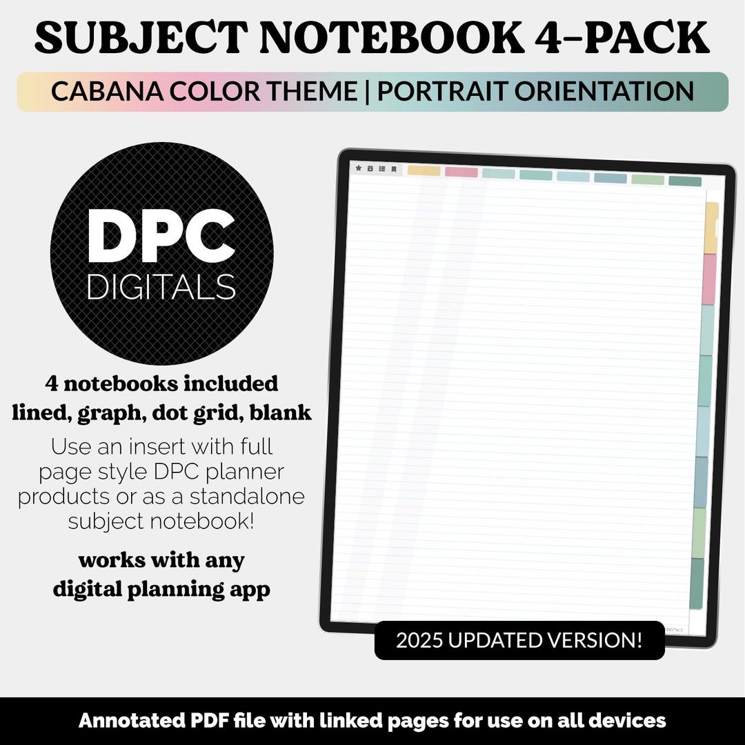 8-subject Portrait Digital Notebooks 4- Pack | Cabana Theme | Goodnotes ...
