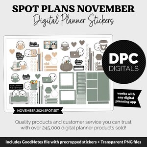 Könnte beinhalten: Digitale Planer-Aufkleber mit niedlichen Illustrationen, darunter lesende Charaktere, Herzen und Kaffeetassen. Die Aufkleber sind in Beige-, Grün- und Grautönen gehalten. Text enthält "SPOT PLANS NOVEMBER" und "Digital Planner Stickers". Für November 2024.