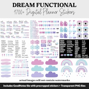 Dream Functional Digital Sticker Set GoodNotes, iPad & Android Papers, Sticky Notes, Chores, Work, Adulting, Tasks, Dates zdjęcie 2