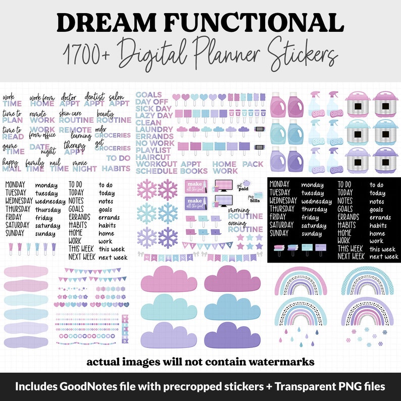 Dream Functional Digital Sticker Set GoodNotes, iPad & Android Papers, Sticky Notes, Chores, Work, Adulting, Tasks, Dates image 2