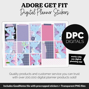 May include: A set of 12 digital planner stickers featuring cute blue dragons with pink and purple accents. The stickers are designed for use in digital planners and include various fitness-themed illustrations, such as a dragon holding a dumbbell, a dragon eating a healthy meal, and a dragon drinking water from a bottle. The stickers are labeled "DPC DIGITALS" and are compatible with any digital planning app.