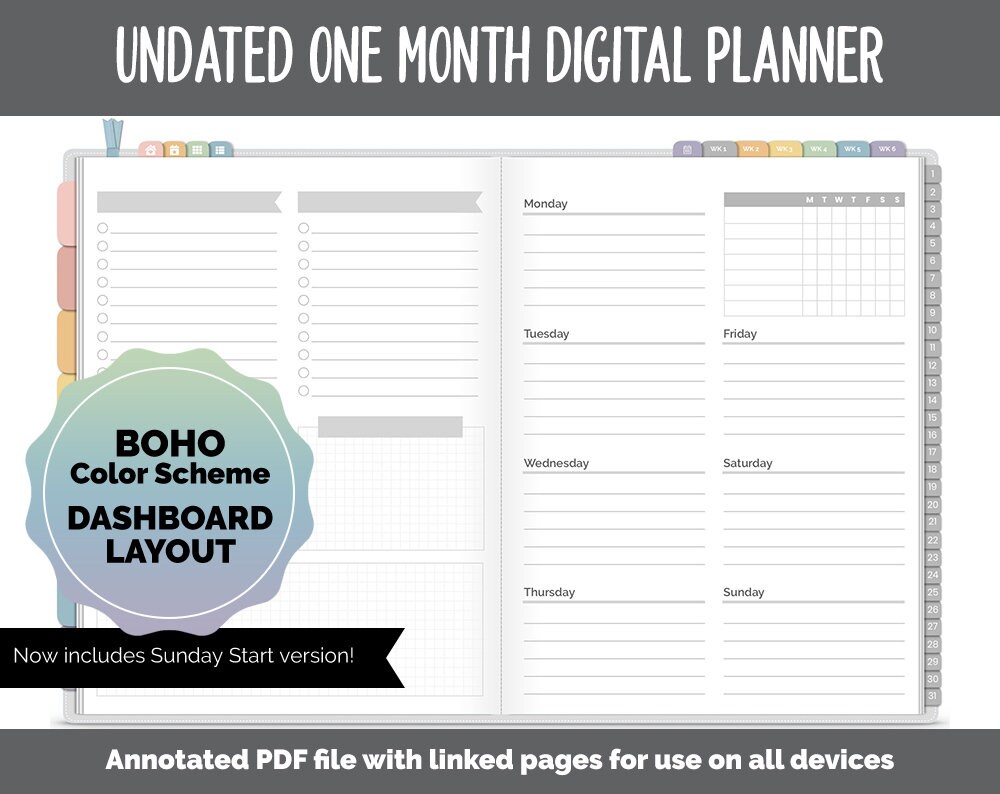 Undated One Month Digital Planner | Boho - Dahsboard | GoodNotes, iPa…