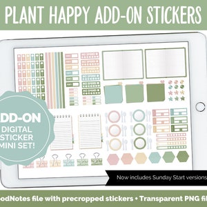 Könnte beinhalten: Ein digitales Planer-Sticker-Set mit einem grünen, rosa und gelben Farbschema. Die Sticker umfassen verschiedene Formen, Größen und Designs, wie z. B. Notizen, Checklisten und Trennlinien. Das Set wird auf einem Tablet-Bildschirm angezeigt und enthält den Text "PLANT HAPPY ADD-ON STICKERS" und "ADD-ON DIGITAL STICKER MINI SET!"