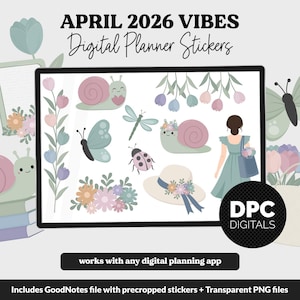 Digitala planeringsklistermärken för april 2026 med Vibes | iPad och Android | Trädgårdstema