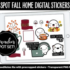 Könnte beinhalten: Digitale Sticker für einen Planer oder ein Tagebuch mit Herbstthema. Die Sticker beinhalten einen Geist mit einer Kerze, einen Geist mit Kopfhörern, einen Geist mit einem Planer, einen Geist mit einer Kaffeetasse und einen Kranz aus Herbstblättern. Der Text "November Spot Set!" befindet sich in einem schwarzen Kreis.