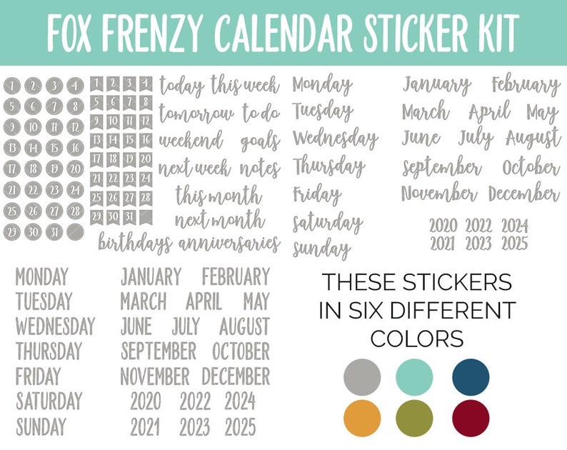 Fox Frenzy Calendar Essentials Digital Planner Stickers GoodNotes, iPad and Android Dates, Days of the Week, Months image 3