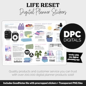 Może przedstawiać: Naklejki do planera cyfrowego z tekstem "LIFE RESET" i "Digital Planner Stickers". Obraz zawiera ilustracje dotyczące zdrowia, rozwoju osobistego, finansów i życia domowego. Czarny okrąg z napisem "DPC DIGITALS" znajduje się po prawej stronie. Tekst "works with any digital planning app" jest również dołączony.