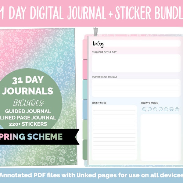 31 Day Digital Journal + Sticker Bundle | Spring Theme | GoodNotes, iPad & Android