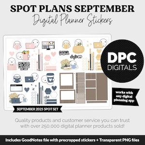 May include: Digital planner stickers set for September 2025. The set includes various stickers with cute illustrations, such as a pumpkin, coffee cup, and reading characters. The stickers are designed to work with any digital planning app.