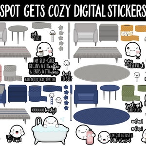 Op de afbeelding: Digitale stickers met illustraties van een geest in verschillende knusse omgevingen, waaronder een badkuip, een stoel en een kopje koffie. De stickers bevatten ook tekstzinnen zoals "Mijn zelfzorg begint met koffie en eindigt met wijn" en "Ik ben misschien gewoon een beetje gestrest".