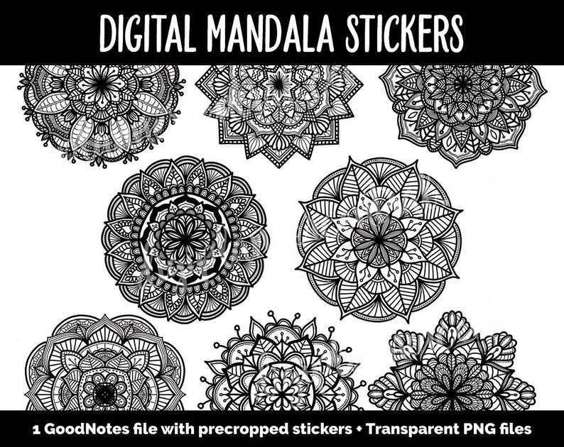 Digital Mandala Planner Stickers GoodNotes & iPad Black and White image 1
