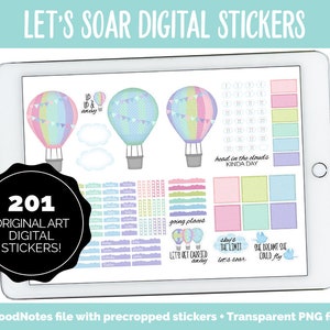Let&#39;s Soar Digital Stickers | GoodNotes & iPad | Hot Air Balloons, Clouds, Birds, Inspirational