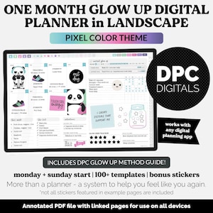 May include: Digital planner in landscape format with a pixel colour theme. The planner includes templates, stickers, and a glow-up method guide. Features a panda graphic and the text "DPC DIGITALS".