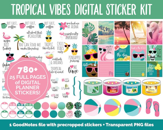 Tropical Vibes Digital Stickers Goodnotes, iPad & Android August, Summer,  Beach, Vacation 