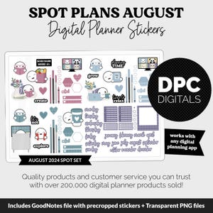 Könnte beinhalten: Ein Set mit digitalen Planer-Stickern mit einer Vielzahl von niedlichen Illustrationen und Texten. Das Set enthält Sticker für August, Planung, Zeit zum Entspannen, Boss-Babe-Modus, Erstellen, Erkunden und mehr. Die Sticker sind für die Verwendung mit digitalen Planern konzipiert.