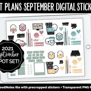 Può includere: Un set di adesivi digitali per planner visualizzato su un tablet. Gli adesivi includono varie illustrazioni, testo e forme in tonalità di rosa, verde acqua e grigio. Il testo include "SPOT PLANS SEPTEMBER DIGITAL STICKERS" e "2021 September SPOT SET!"
