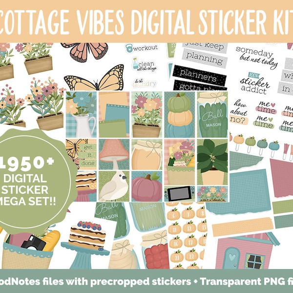 Cottage Vibes Digital Sticker Mega Bundle | GoodNotes & iPad | September, Retro, Fall, Papers, Cottage Core, Garden, Adulting, Tasks