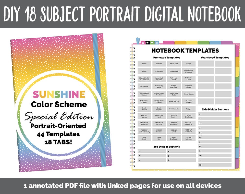Portrait DIY v2 18 Subject Digital Notebook | Sunshine Theme | Goodno…
