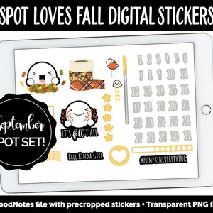 Può includere: Sticker digitali per settembre con tema autunnale. Gli adesivi presentano un simpatico personaggio fantasma, foglie autunnali, una zucca, un cuore, stelle, un calendario con i numeri da 1 a 31 e il testo "It's fall y'all", "Fall Kinda Girl" e "#PumpkinEverything".