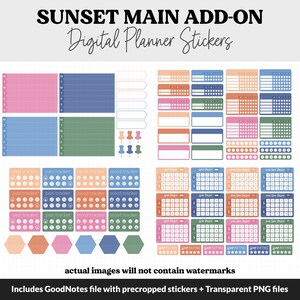 May include: Digital planner stickers with a sunset theme. The stickers include weekly boxes, mood trackers, pain trackers, sleep trackers, and rating scales. The stickers are in shades of pink, blue, green, and orange.