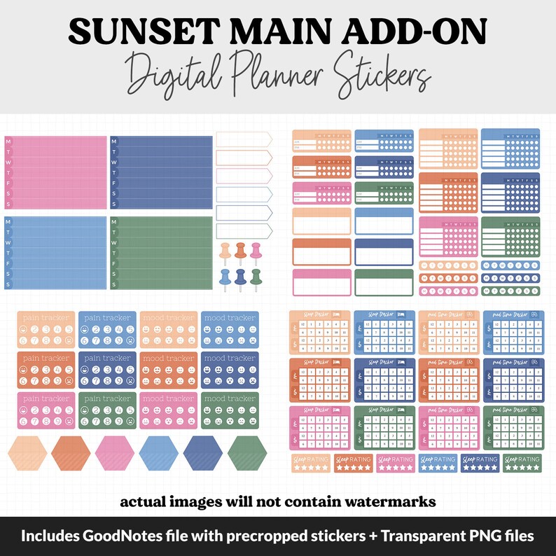 May include: Digital planner stickers with a sunset theme. The stickers include weekly boxes, mood trackers, pain trackers, sleep trackers, and rating scales. The stickers are in shades of pink, blue, green, and orange.