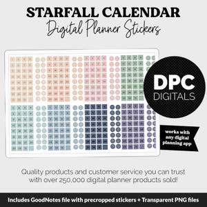 May include: Digital planner stickers with a variety of calendar layouts in pastel colors. The image includes the text "STARFALL CALENDAR Digital Planner Stickers" and "DPC DIGITALS". The stickers are designed to work with any digital planning app.