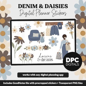 May include: A digital sticker set titled DENIM & DAISIES Digital Planner Stickers featuring illustrations of blue denim jackets, tote bags, armchairs, and various daisy flowers in shades of blue, brown, and cream, with the text daisies & dreams.