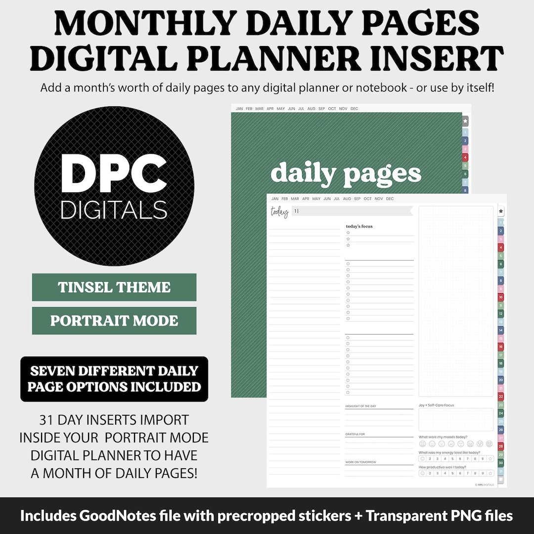 Linked Daily Portrait Digital Planner Insert | Tinsel Theme | Goodnotes ...