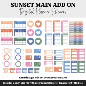 May include: A set of digital planner stickers in a sunset color scheme. The stickers include calendars, heart shapes, plates, knives, shopping carts, weekly planner boxes, and a kitchen mixer. The text "SUNSET MAIN ADD-ON Digital Planner Stickers" is at the top of the image. The text "Includes GoodNotes file with precropped stickers + Transparent PNG files" is at the bottom of the image.