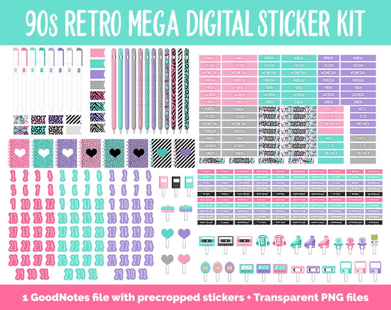 90s Retro Digital Planner Sticker Mega Kit GoodNotes, iPad and Android Flashback, August zdjęcie 5